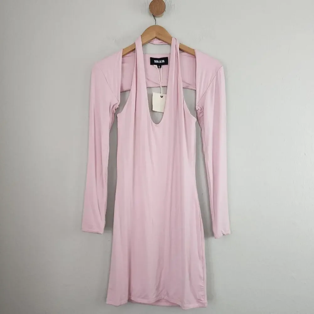 SER.O.YA Lana Two Piece Dress Set Pink Halter Mini Shrug NWT Revolve Large New